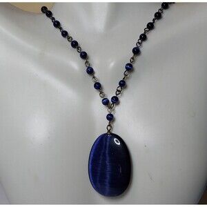Signed NY Pendant blue oval on cat's eye beads chain 18"
